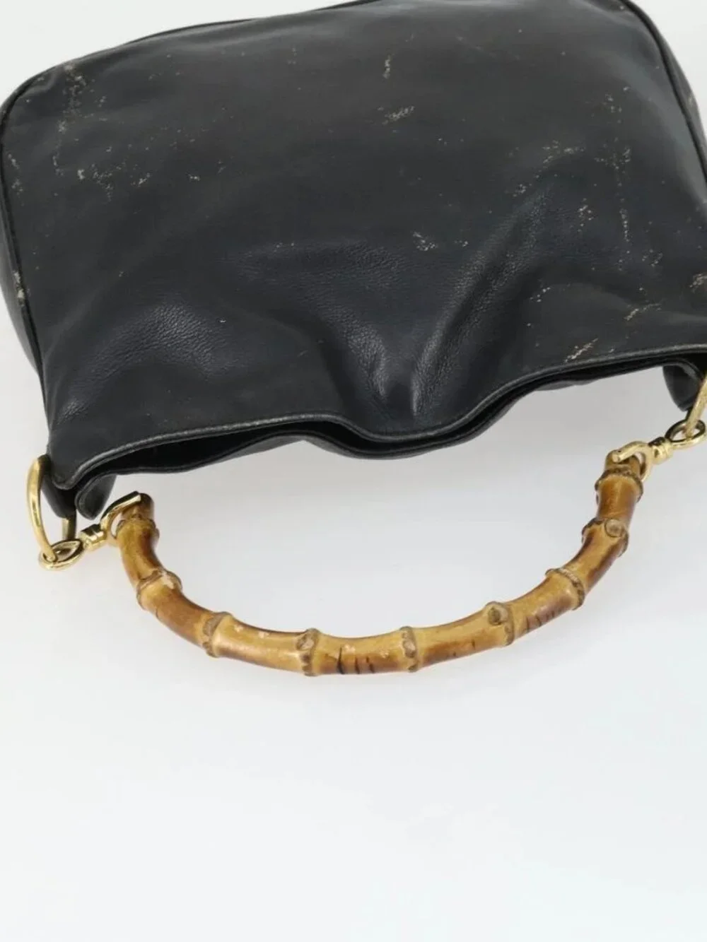 GUCCI Bamboo Hand Bag Leather Black Gold Auth 170494